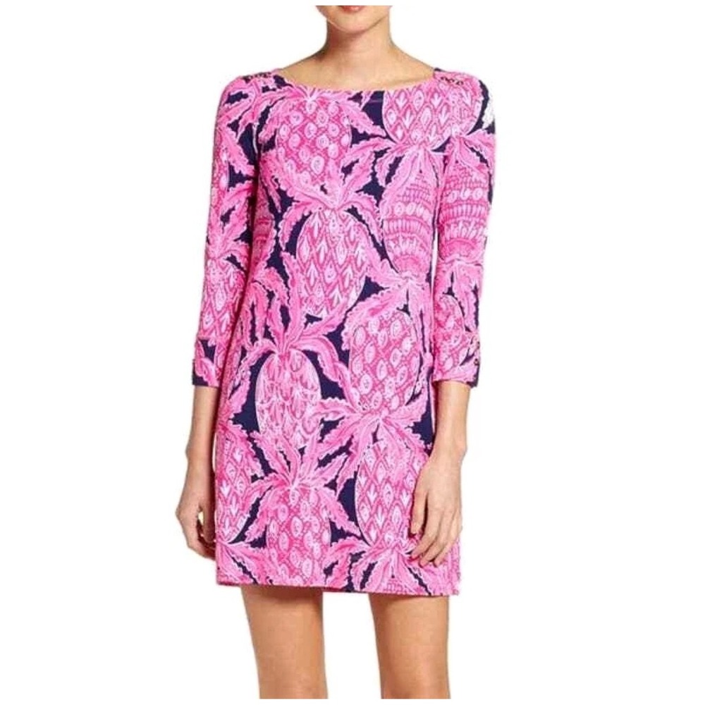 Lilly Pulitzer Coco Safari Pink Navy Pineapple Print Strappy Back Knit Dress L‎
